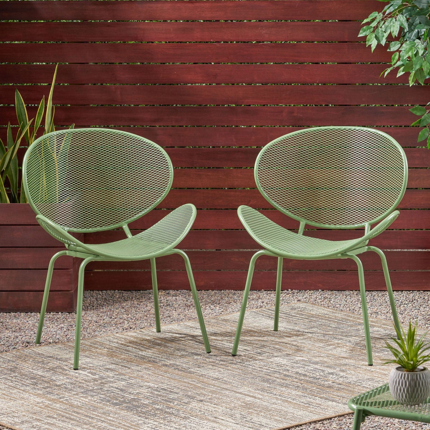 Elba Contemporary Armless Outdoor Chairs set (2) in light green metal mesh by HouseOfZazla on Tampa Home & Garden Store