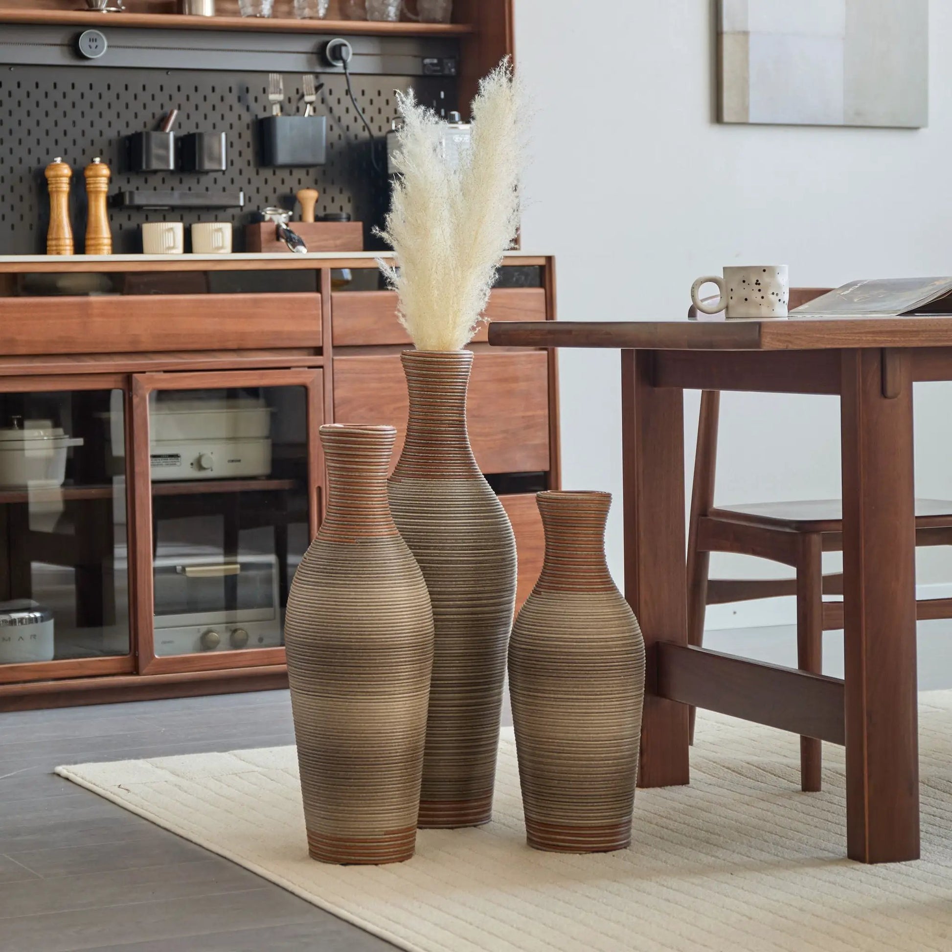 Classic And Neat Floor Vase set of 3 tall ribbed beige ceramic vases with pampas grass on Tampa Home & Garden Store