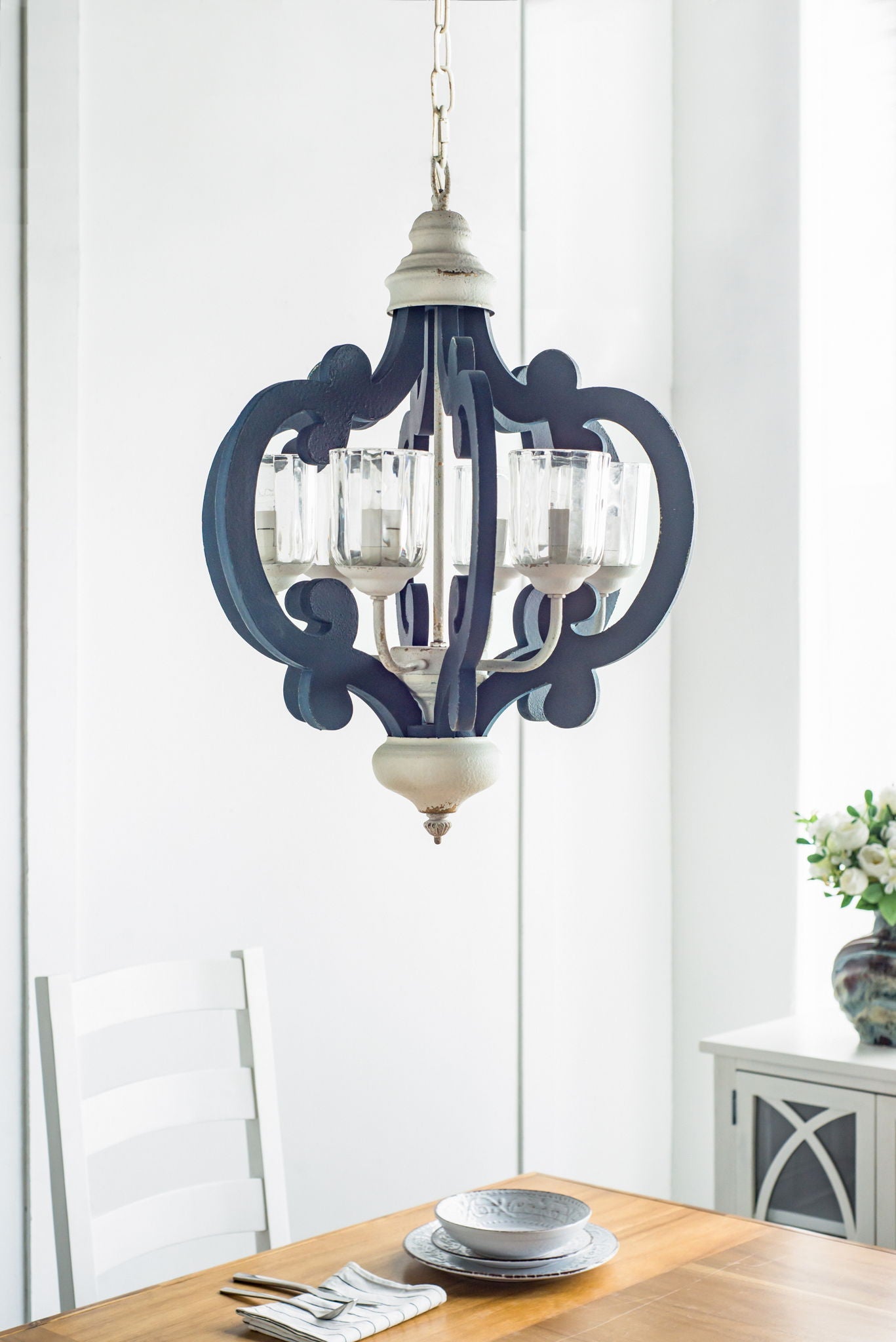 Six-light farmhouse wood chandelier with dark finish and glass cup shades on Tampa Home & Garden Store