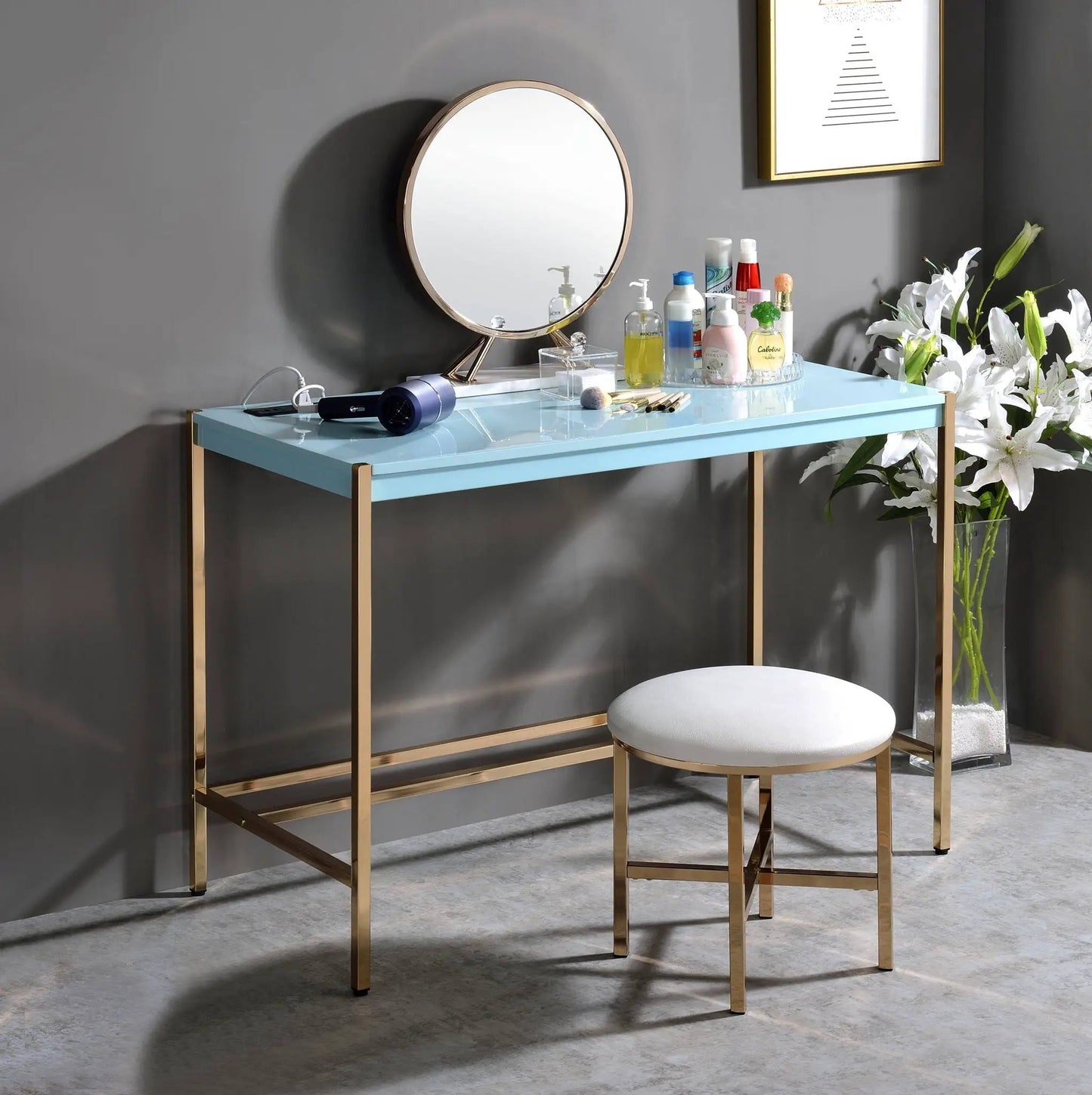 Midriaks Writing Desk With USB by Unique Piece Furniture, light blue glass top with gold legs on Tampa Home & Garden Store