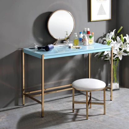 Midriaks Writing Desk With USB by Unique Piece Furniture, light blue glass top with gold legs on Tampa Home & Garden Store