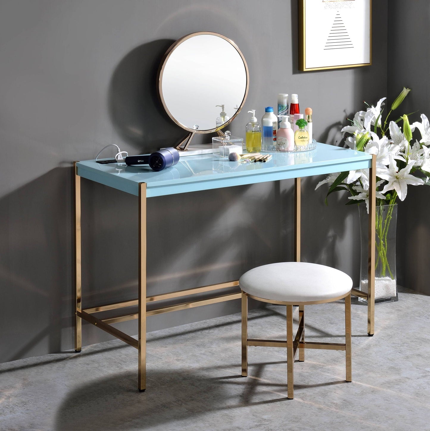 Midriaks USB Writing Desk blue glass top on gold legs with stool on Tampa Home & Garden Store