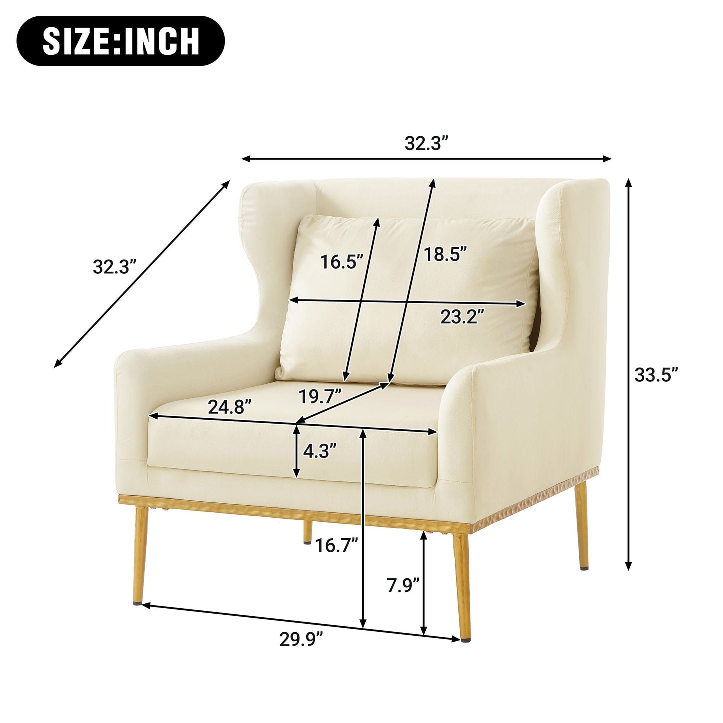 Elegant Curved Armrest Accent Armchair by HouseOfZazla in cream upholstery with wooden legs, 32.3in W x 33.5in H on Tampa Home & Garden Store