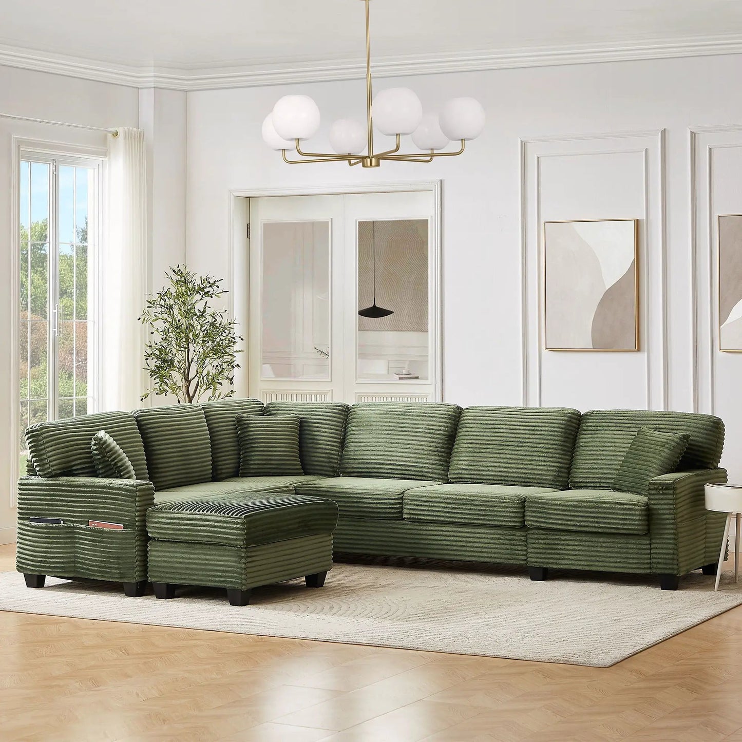 Upholstered U-shaped sectional sofa with movable ottoman in green corduroy, 2-piece set on Tampa Home & Garden Store