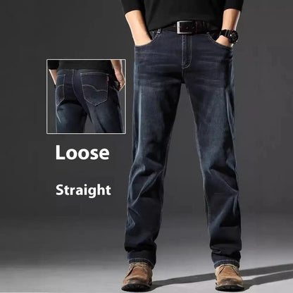 High Elastic Men's Straight Loose Jeans dark indigo stretch denim FLIPSTYLEZLLC on Tampa Home & Garden Store