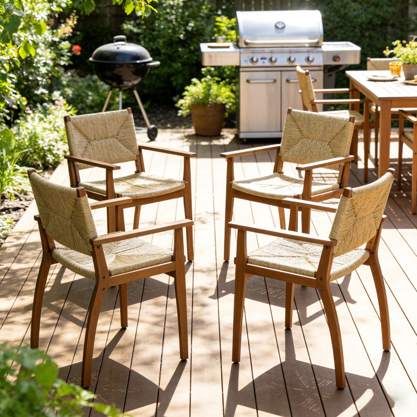Durable outdoor dining chairs with acacia wood frames and wicker seats by HouseOfZazla on Tampa Home & Garden Store