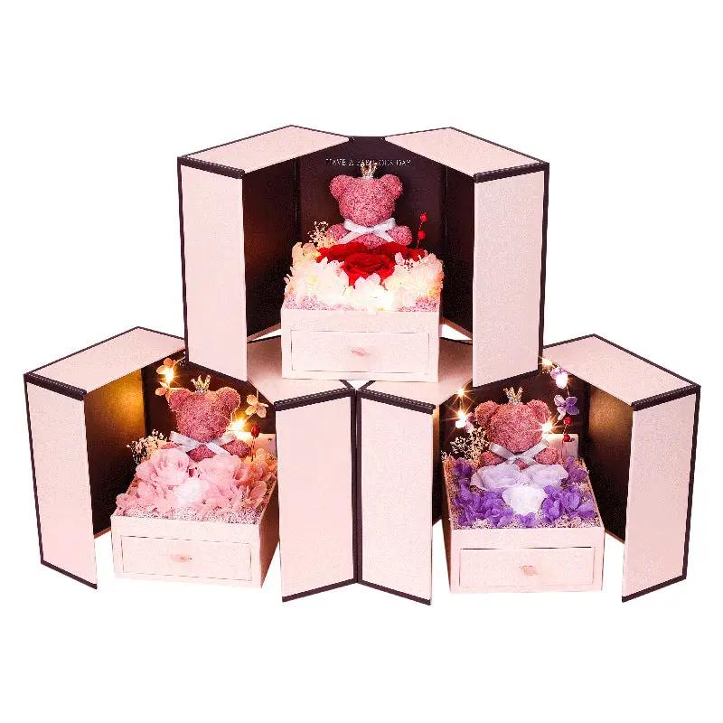 Little Bear preserved flower gift box set of 5 with pink and purple blooms on Tampa Home & Garden Store