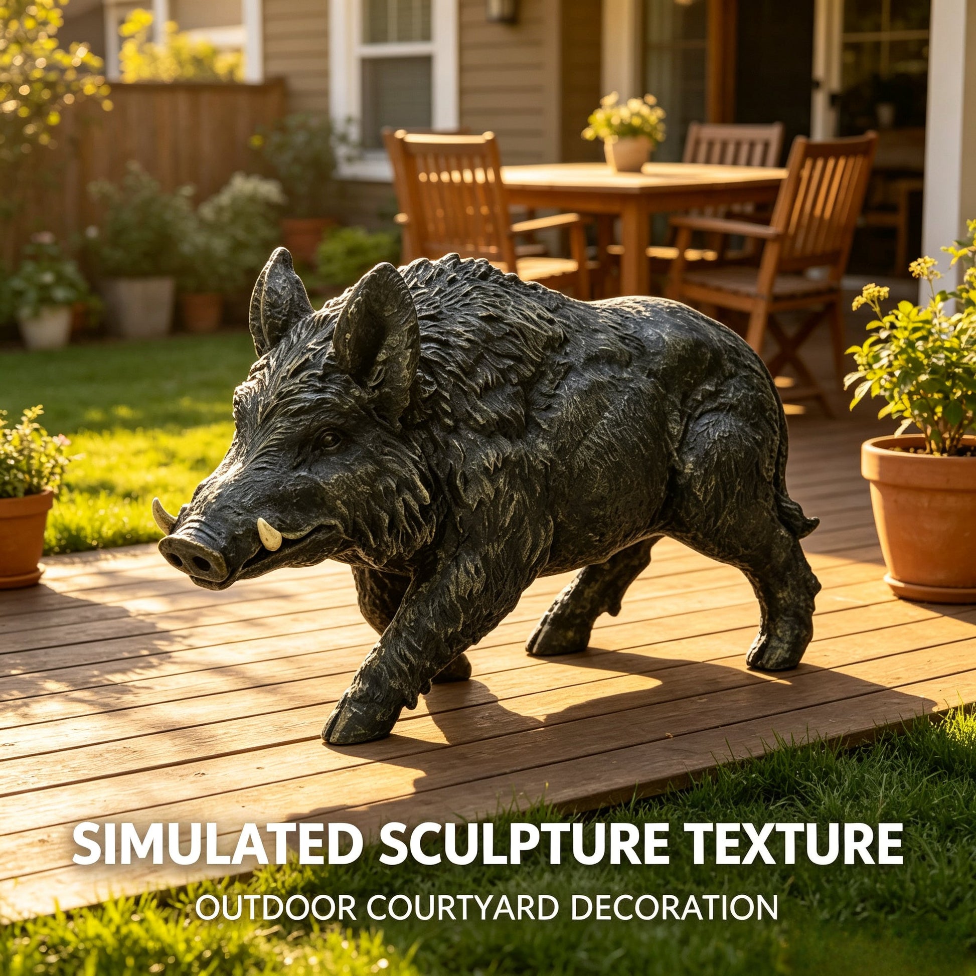 Simulated Wild Boar Resin Garden Statue by HouseOfZazla, charcoal textured outdoor sculpture on Tampa Home & Garden Store
