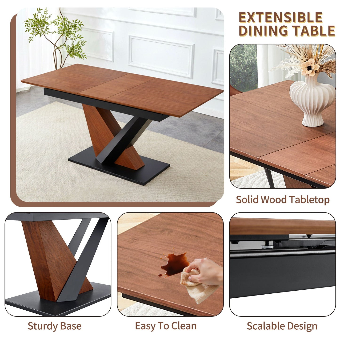 Dining Table in Dark Walnut with scratch-resistant top and cross geometric legs, on Tampa Home & Garden Store