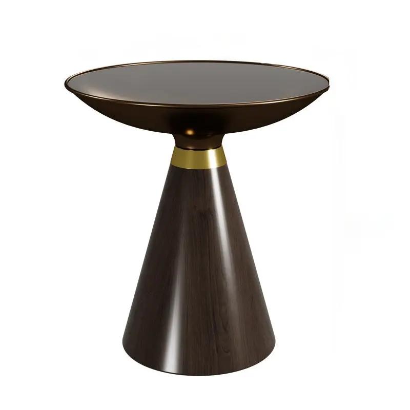 Tempered glass round top side table with dark walnut conical wood base and brass collar on Tampa Home & Garden Store