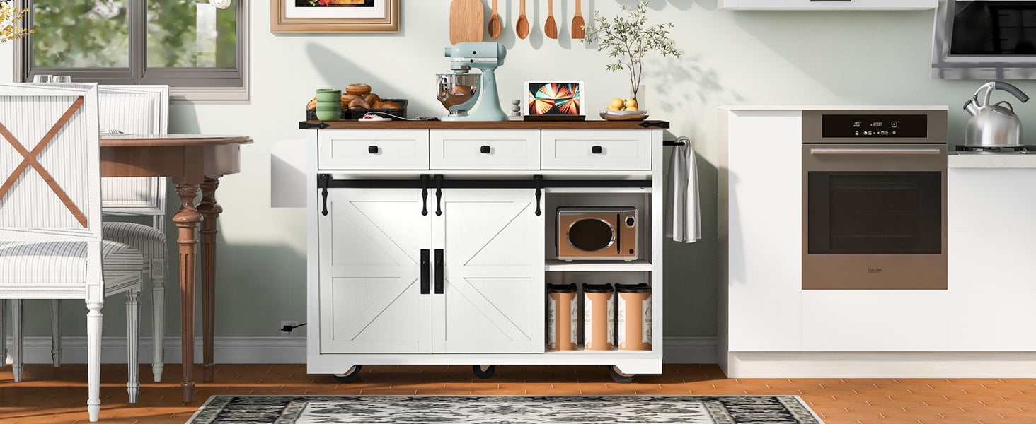 K&K 53.7in Farmhouse Kitchen Island with Power Outlet, white barndoor cabinet, butcherblock top on Tampa Home & Garden Store