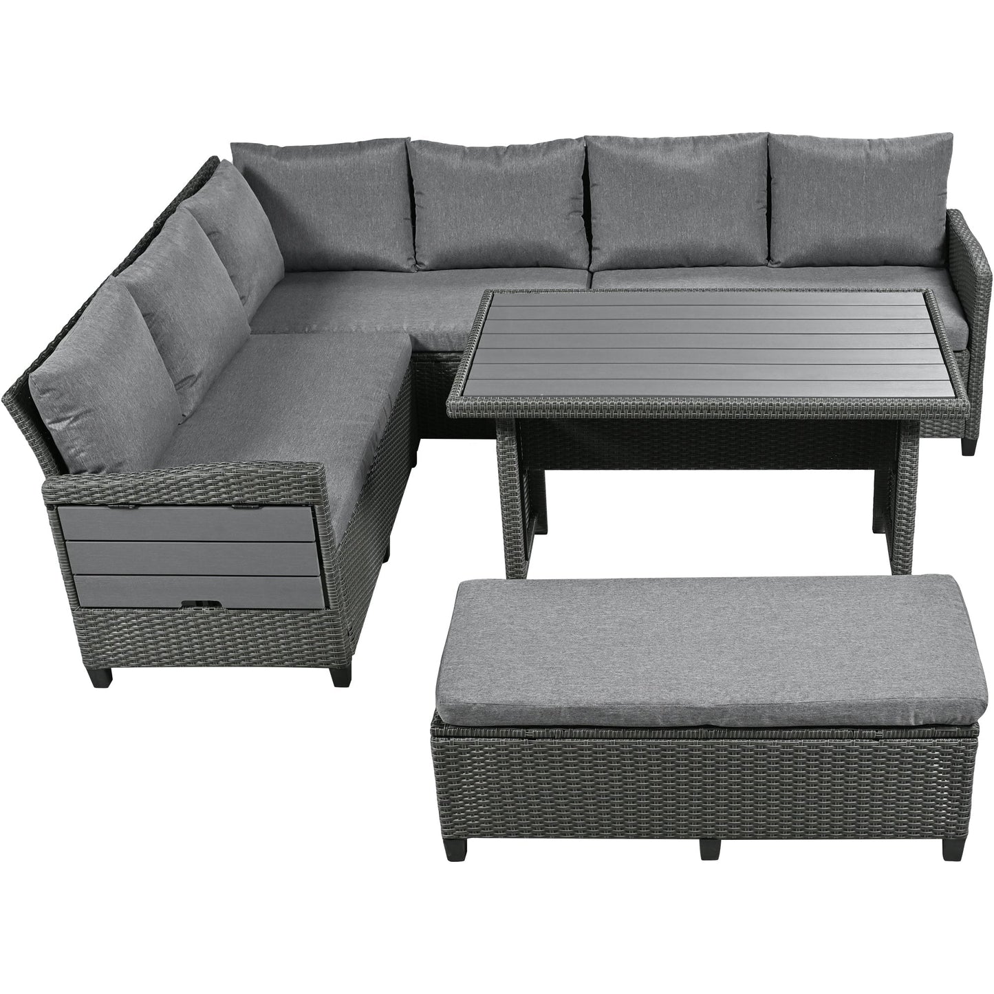 Tomax 5-Piece Outdoor Patio Rattan Sofa Set with gray cushions and wicker frame and table on Tampa Home & Garden Store