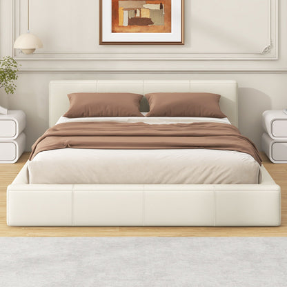 Stylish upholstered bed with birch wood frame in cream fabric, taupe bedding on Tampa Home & Garden Store