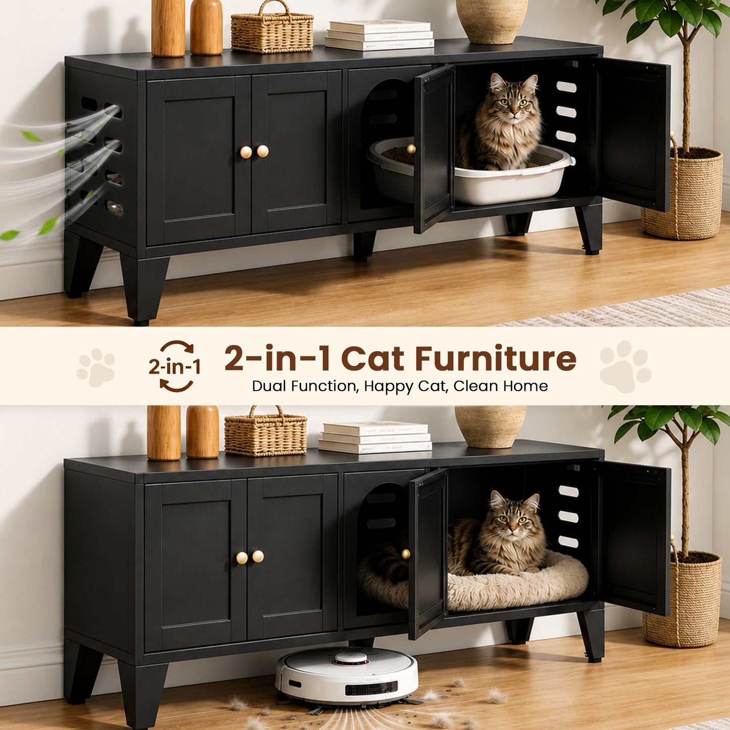 58-inch metal cat litter box enclosure black by HouseOfZazla cabinet doors with open litter tray on Tampa Home & Garden Store