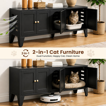 58-inch metal cat litter box enclosure black by HouseOfZazla cabinet doors with open litter tray on Tampa Home & Garden Store