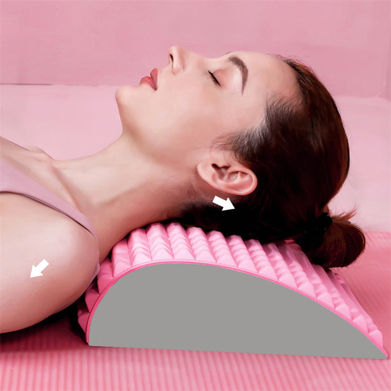Perfecsy back stretcher pillow with neck and lumbar support, pink ridged surface and grey base on Tampa Home & Garden Store