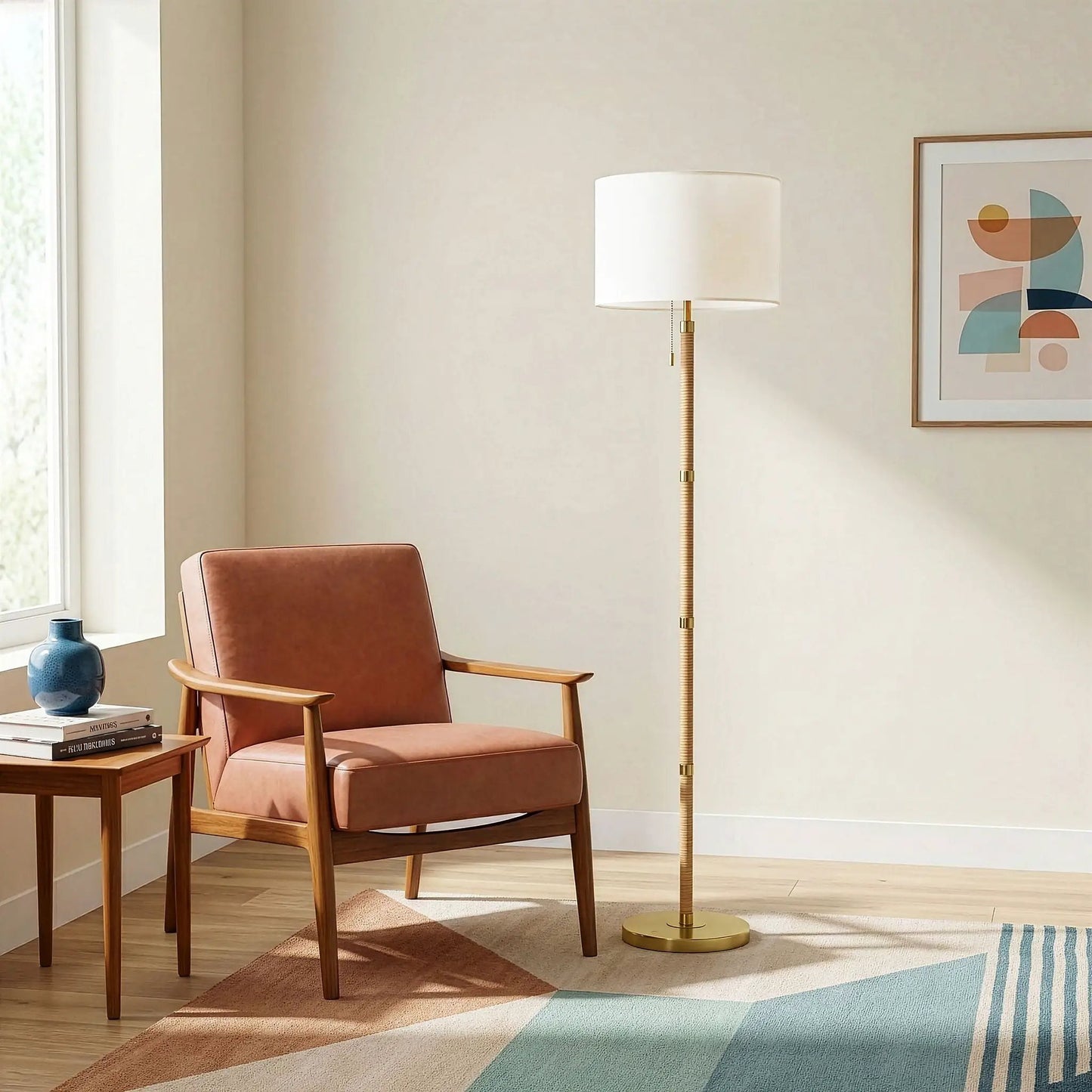Stellar Linen Shade Floor Lamp in gold with natural wood and rattan accents, white shade on Tampa Home & Garden Store