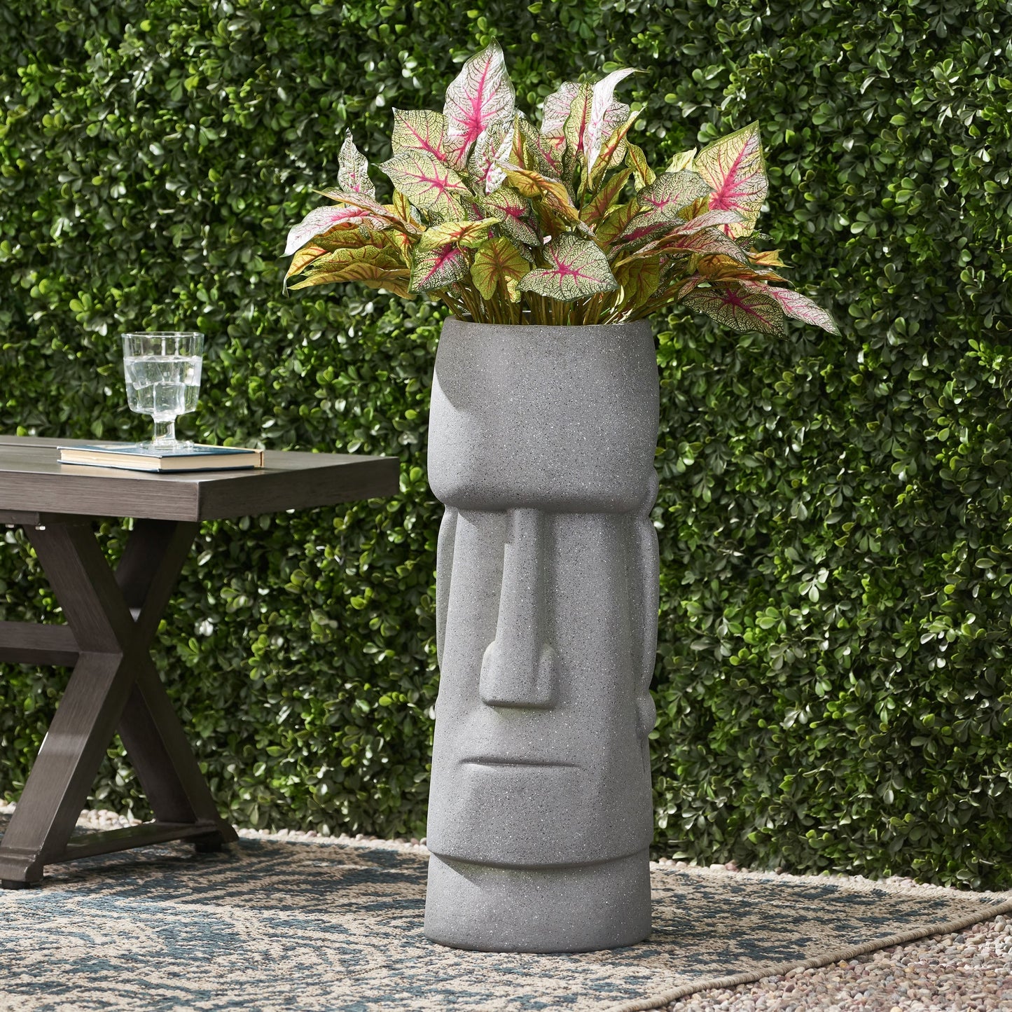 Flower planter HouseOfZazla; gray speckled pot with pink-vein caladium leaves on Tampa Home & Garden Store