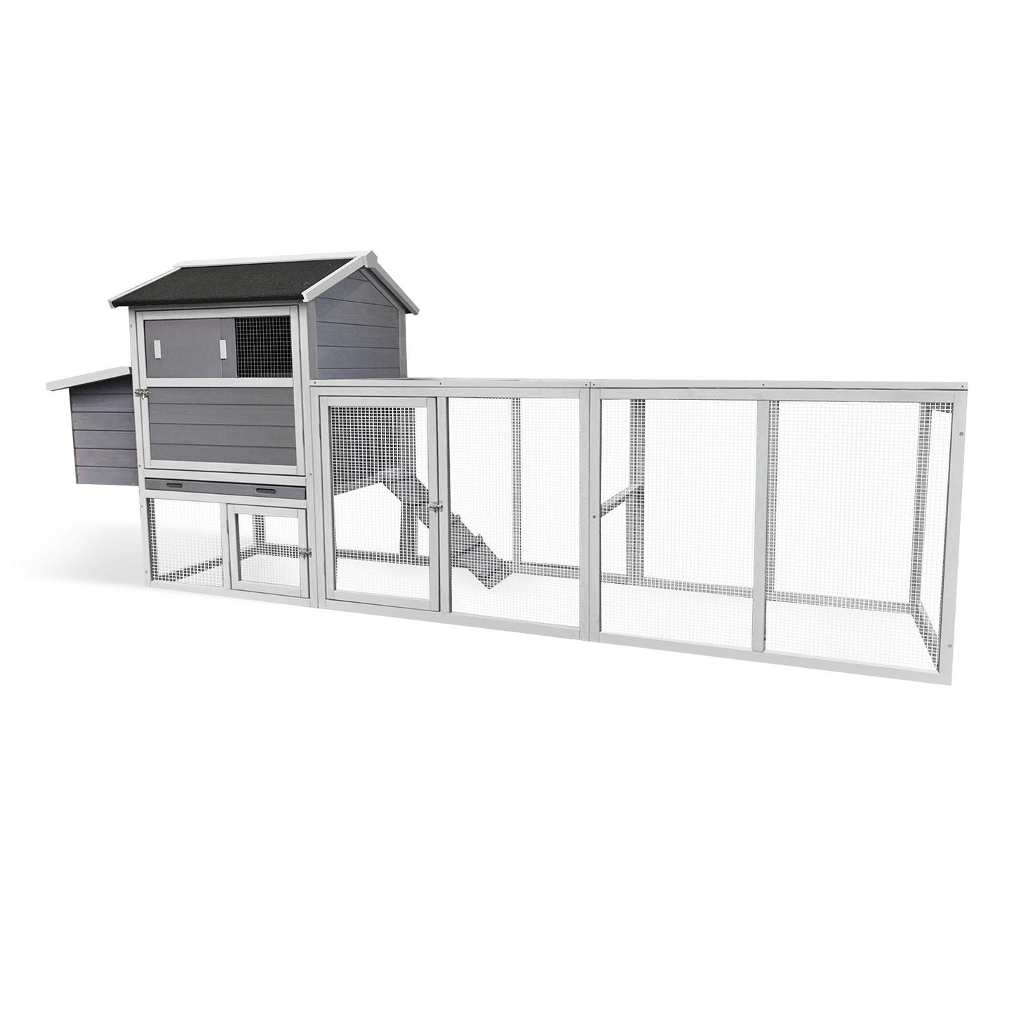 Chicken coop with run and nesting box in gray with white trim, wire mesh panels HouseOfZazla on Tampa Home & Garden Store