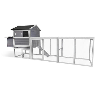 Chicken coop with run and nesting box in gray with white trim, wire mesh panels HouseOfZazla on Tampa Home & Garden Store