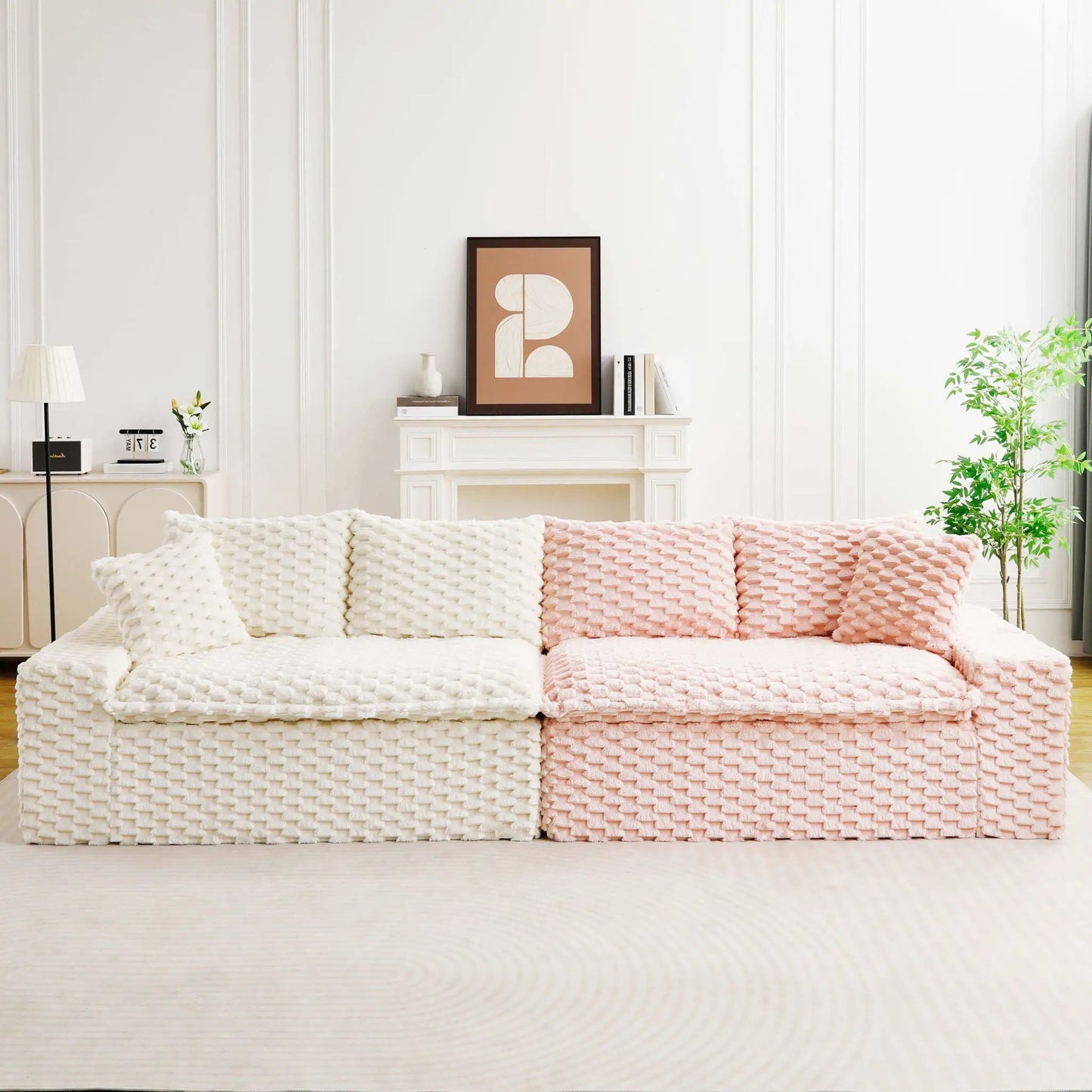 Multifunctional sofa with cream and blush chunky-knit throws in a bright living room on Tampa Home & Garden Store