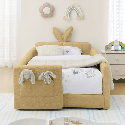 Cute rabbit-ear upholstered platform bed frame in tan boucle with safety rail by Unique Piece Furniture on Tampa Home & Garden Store