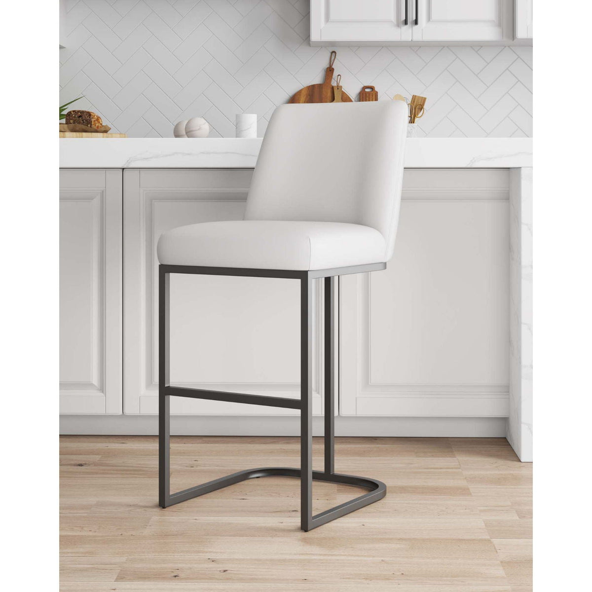 Serena Barstool white upholstered seat, gray metal frame, bar height 28-30 HouseOfZazla on Tampa Home & Garden Store