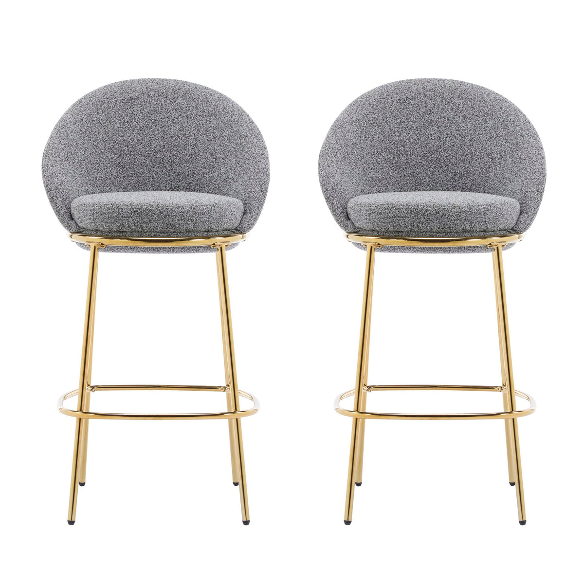 Celano Upholstered Barstools set of 2 gray fabric with gold metal legs, circular footrests on Tampa Home & Garden Store