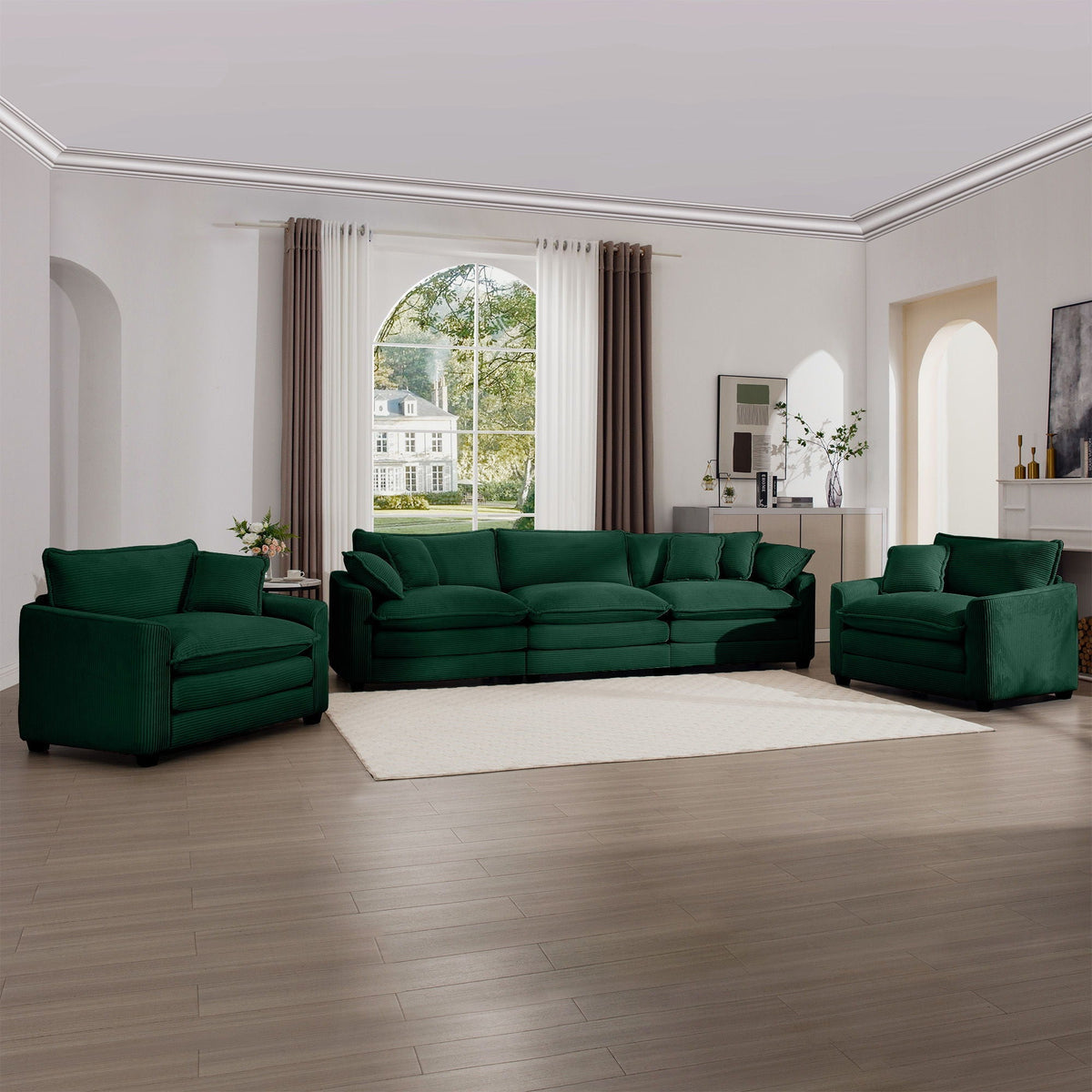 Elegant oversized sectional sofa set with deep emerald green velvet, 3-piece living room on Tampa Home & Garden Store