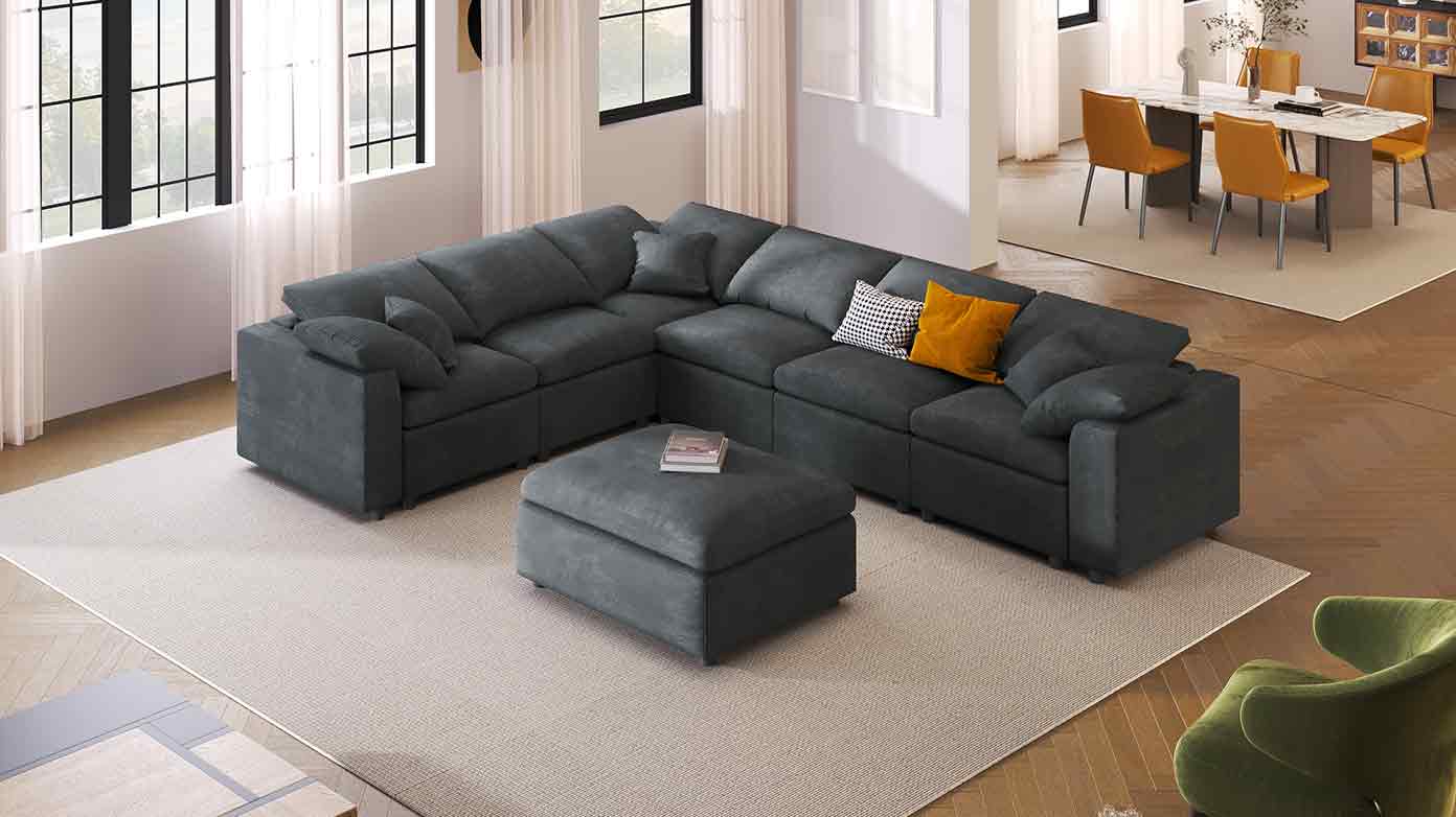 U_Style 120.8in Extra Large Modular Sectional Sofa in dark gray fabric with matching ottoman on Tampa Home & Garden Store