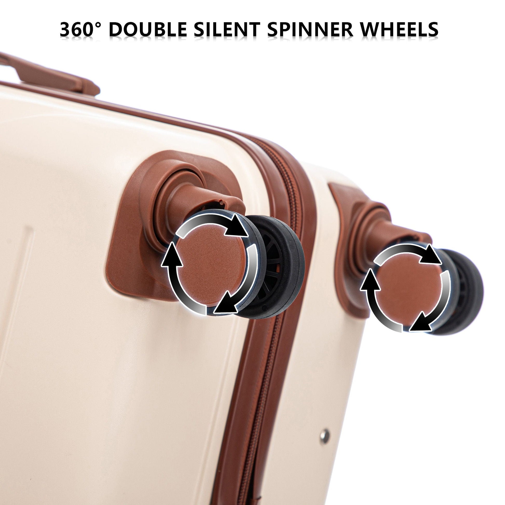 Beige luggage with brown trim and 360° spinner wheels close-up on Tampa Home & Garden Store