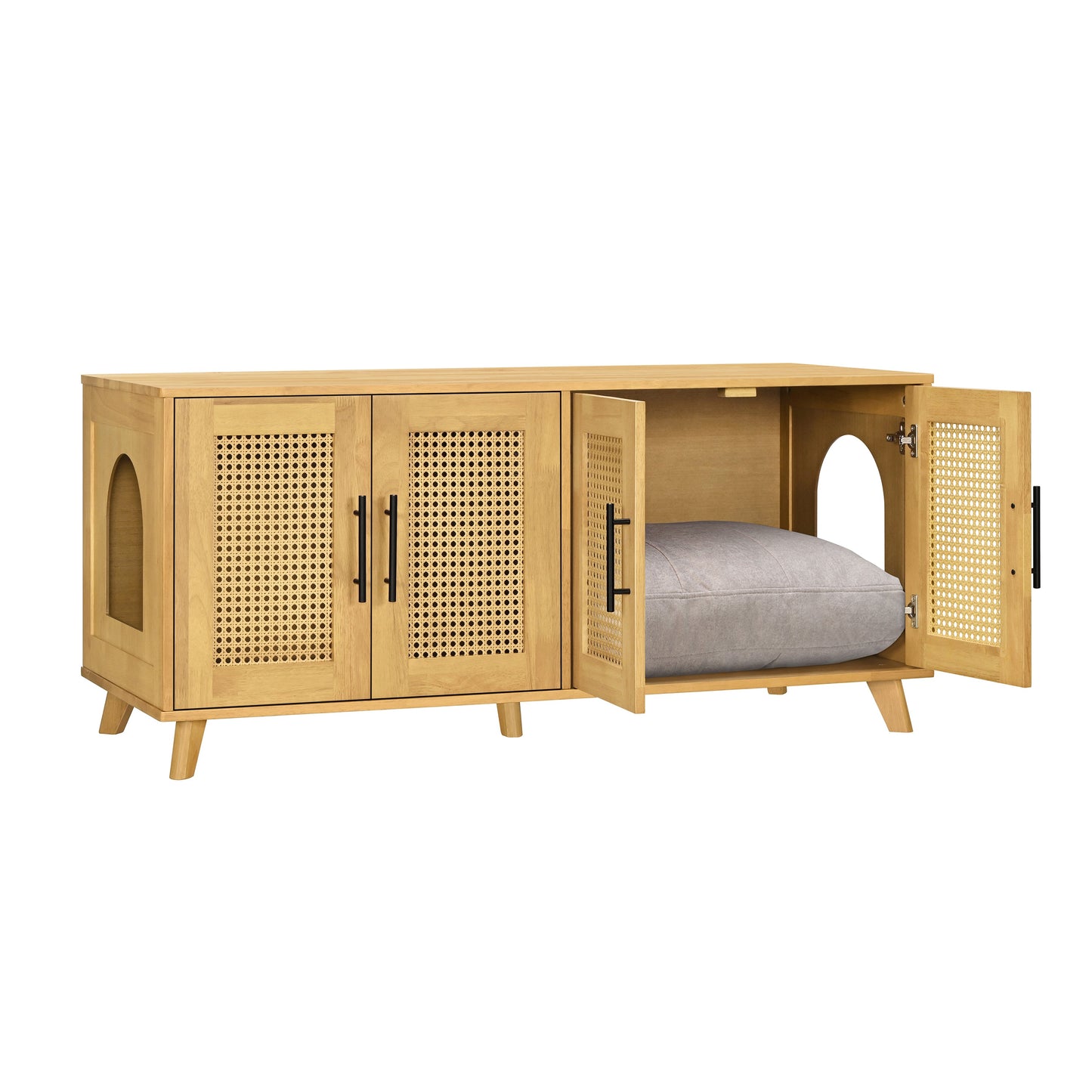 Myra Indoor Premium Rubber Wood Cat Cabinet with Plush Cushion natural wood gray cushion on Tampa Home & Garden Store