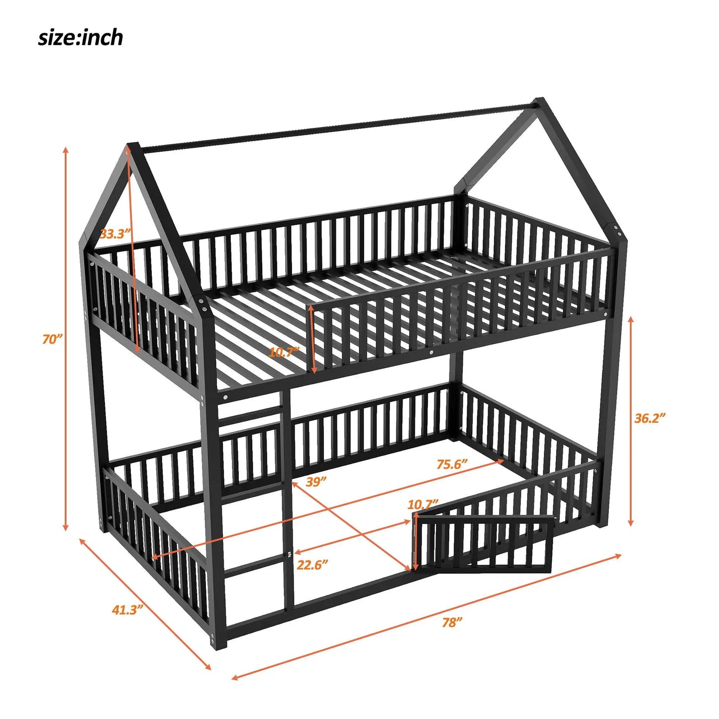 Metal House Bunk Bed with Fence and Door