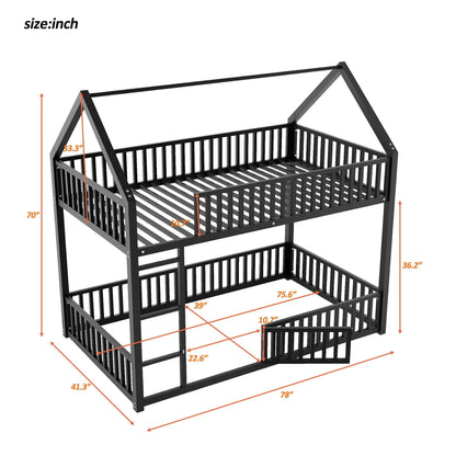 Metal House Bunk Bed with Fence and Door