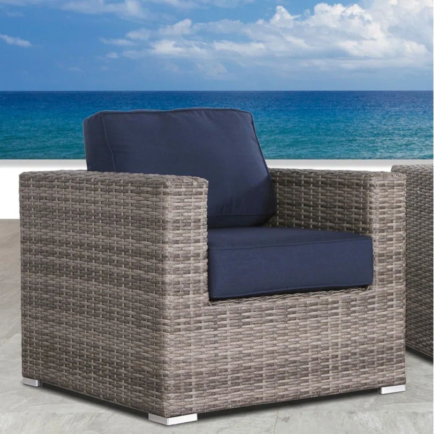 Patio chair with cushions, outdoor arm chair in gray-brown wicker with navy cushions HouseOfZazla on Tampa Home & Garden Store