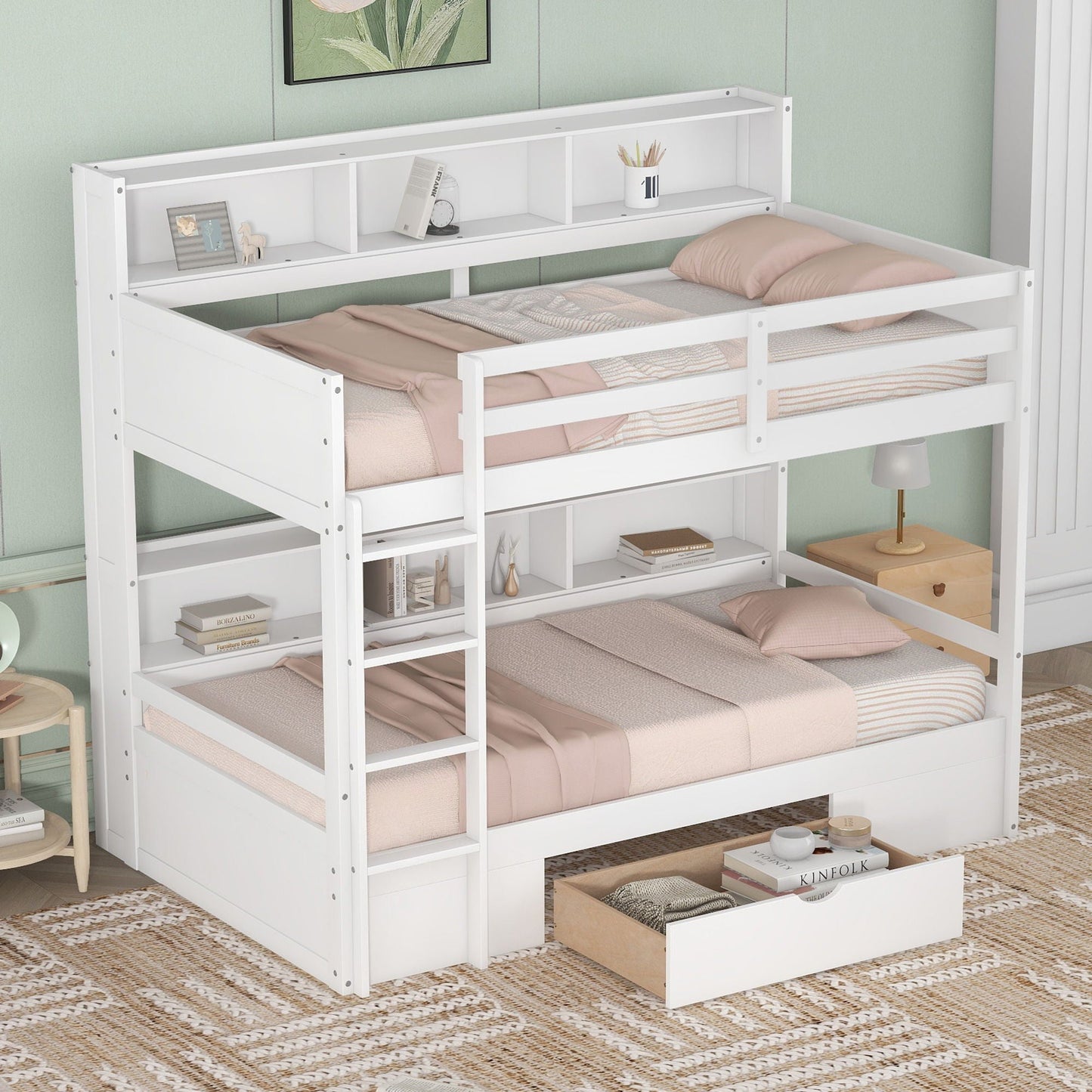 Twin size bunk bed with built-in shelves beside both bunks and a storage drawer, white finish, HouseOfZazla on Tampa Home & Garden Store
