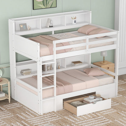 Twin size bunk bed with built-in shelves beside both bunks and a storage drawer, white finish, HouseOfZazla on Tampa Home & Garden Store