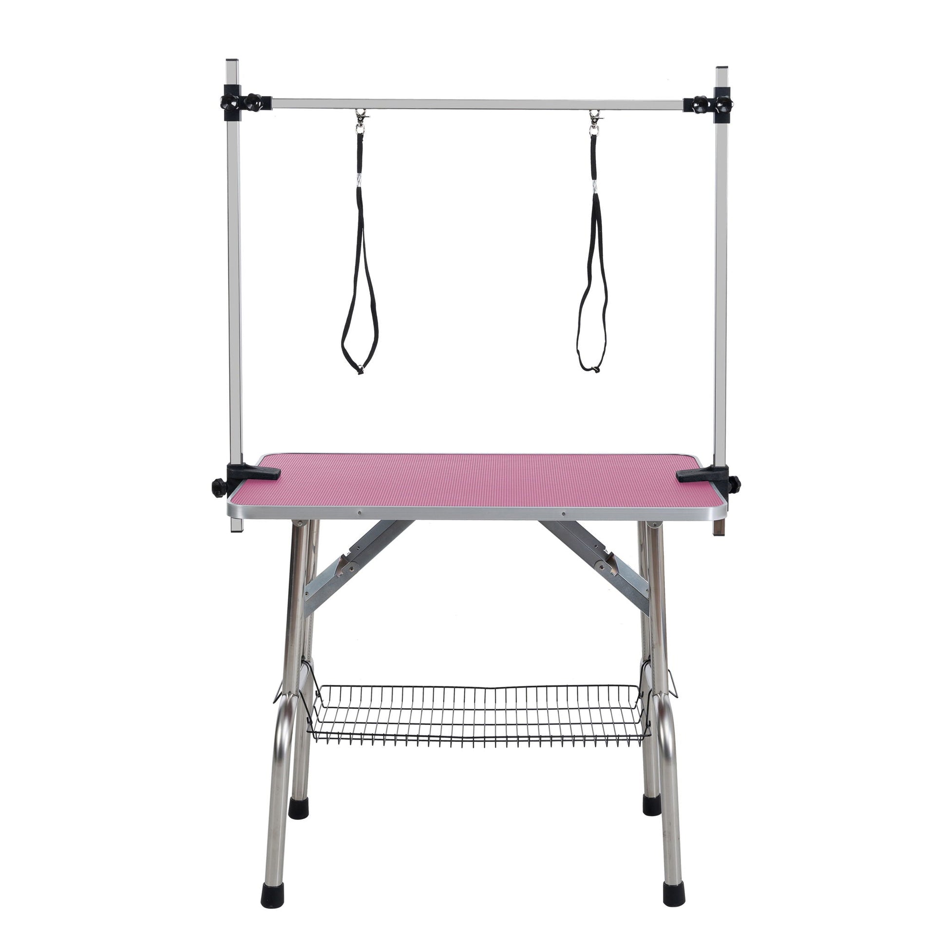 Folding dog grooming table with stainless steel frame, pink mat, adjustable arm and clamps on Tampa Home & Garden Store