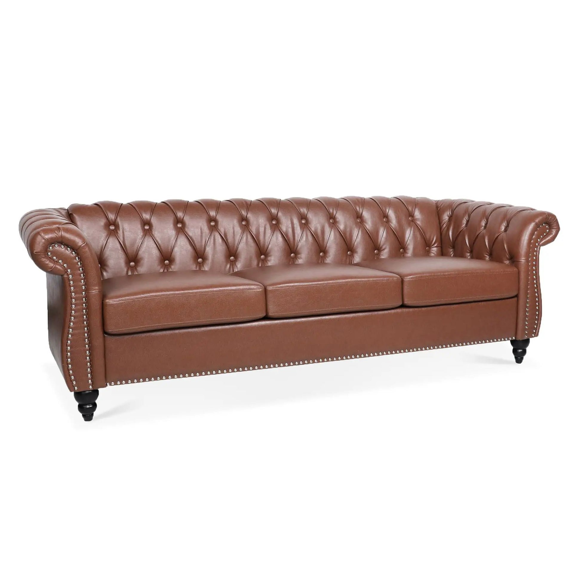 Rolled Arm Chesterfield 3 Seater Sofa in brown leather with button tufting and nailhead trim on Tampa Home & Garden Store