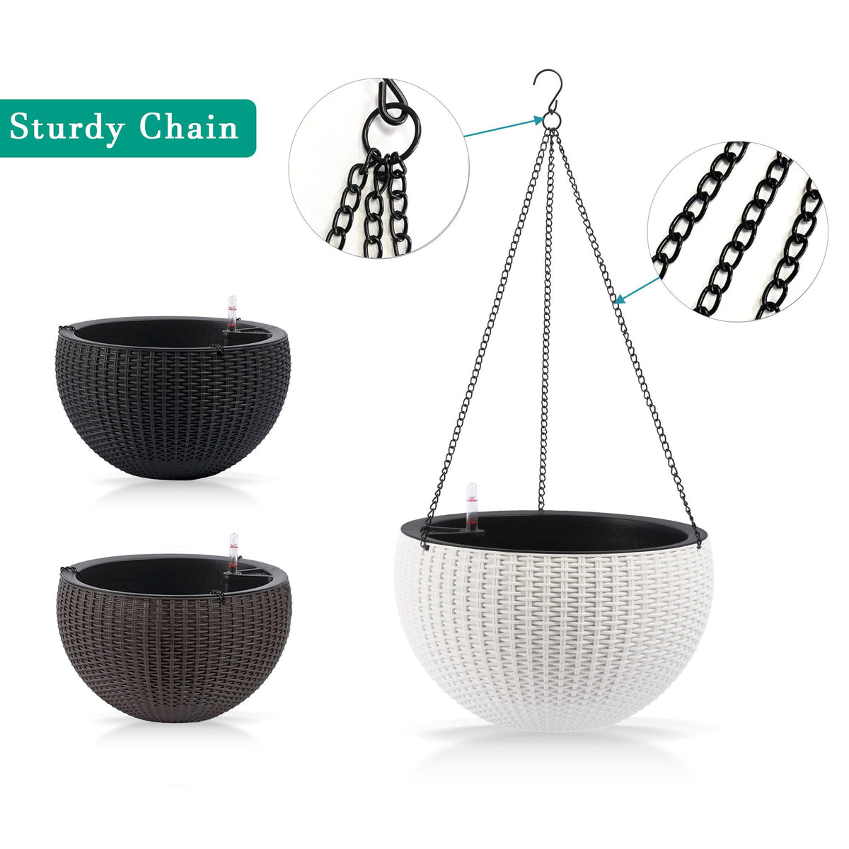 Self Watering Hanging Planter set of 4 baskets in black and white with chains HouseOfZazla on Tampa Home & Garden Store