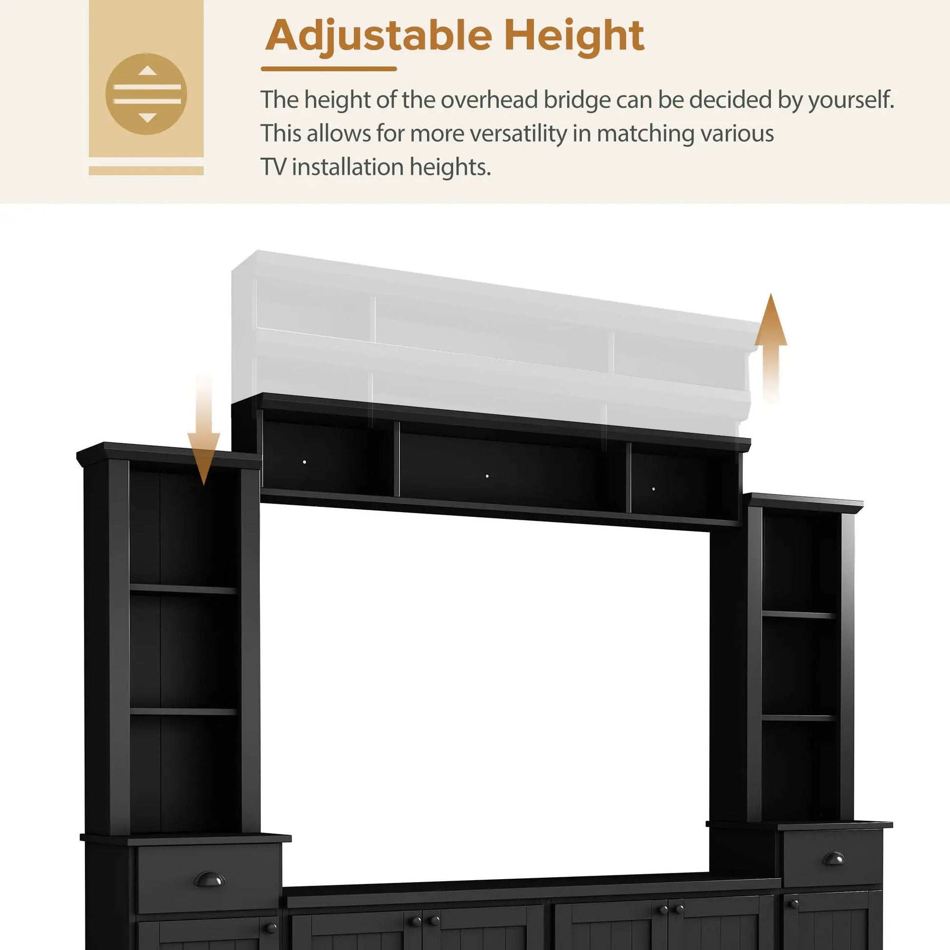 Black minimalist entertainment wall unit with bridge for 75 in TVs by Unique Piece Furniture on Tampa Home & Garden Store