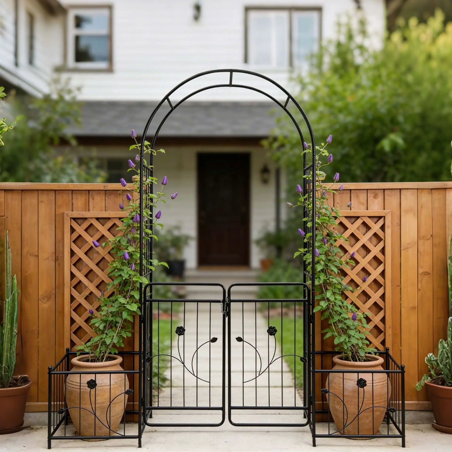 Metal garden arch with gate in black iron, rose arch for climbing plants on Tampa Home & Garden Store
