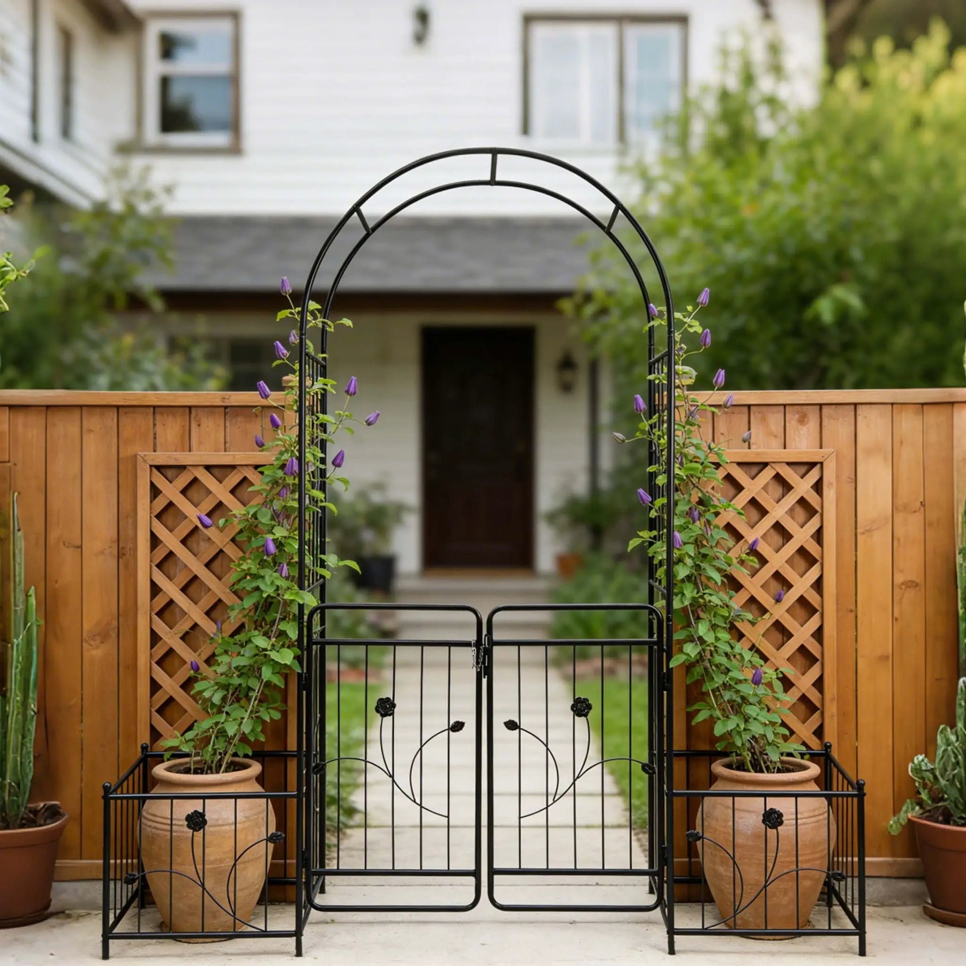 Metal garden arch with gate in black iron, rose arch for climbing plants on Tampa Home & Garden Store