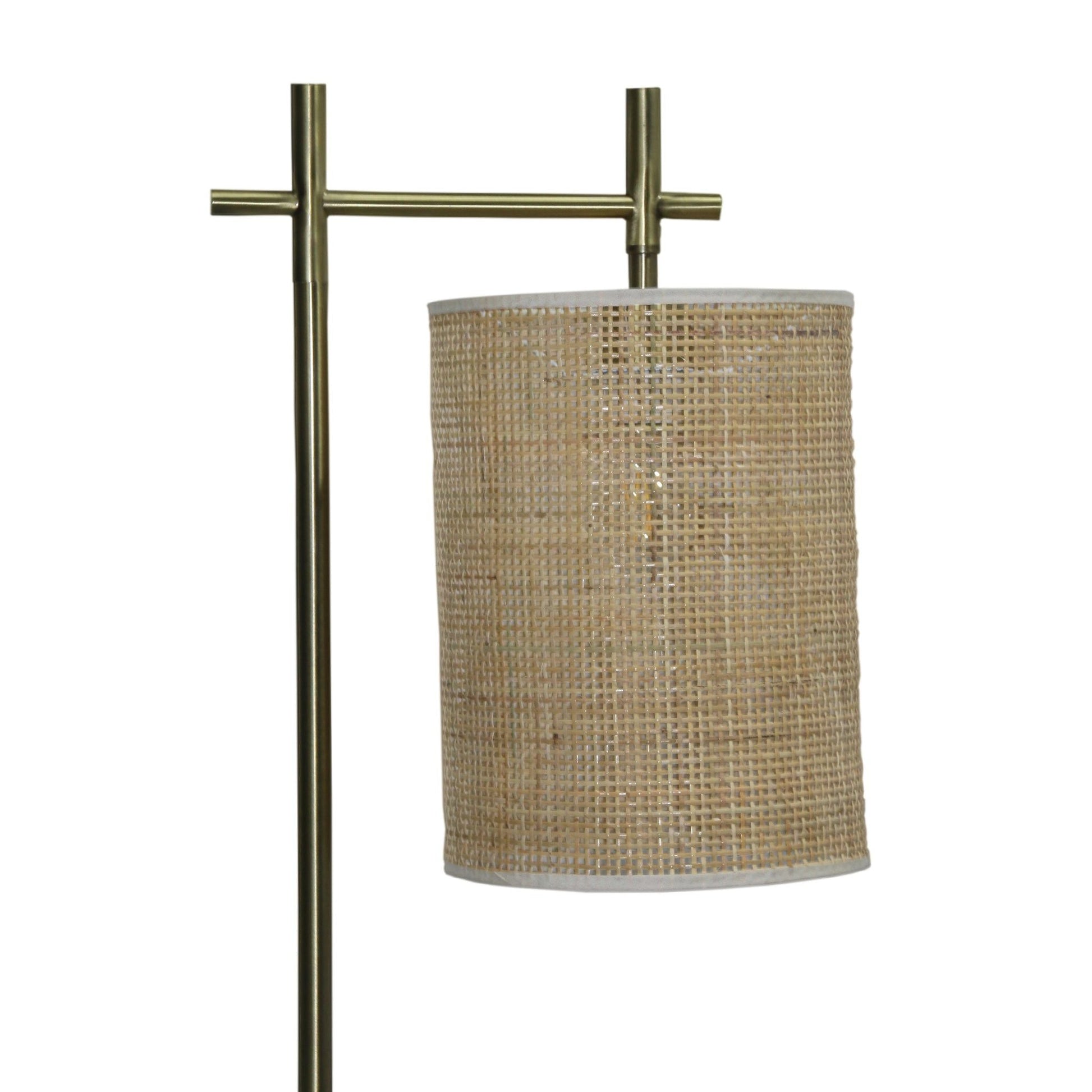 Brizo tall corner floor lamp, gold brass finish with natural woven wicker shade on Tampa Home & Garden Store