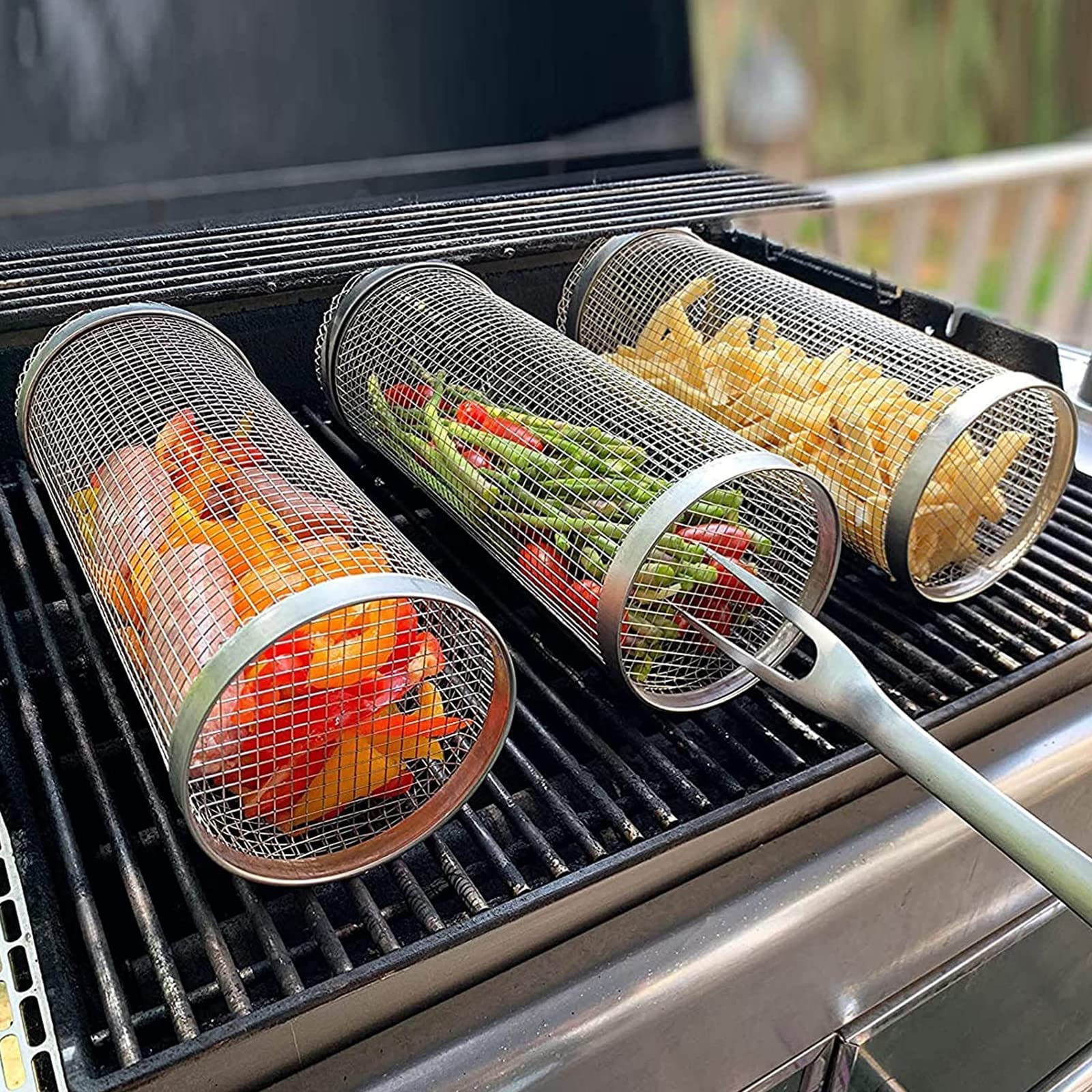 Rolling grilling basket set of 3 by Perfecsy mesh cylindrical BBQ baskets on grill with veggies on Tampa Home & Garden Store