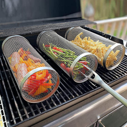 Rolling grilling basket set of 3 by Perfecsy mesh cylindrical BBQ baskets on grill with veggies on Tampa Home & Garden Store