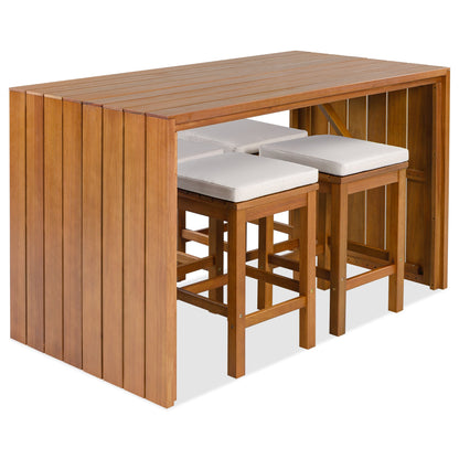 HouseOfZazla 5 Piece Outdoor Bar Set in teak-brown wood with white cushion stools on Tampa Home & Garden Store