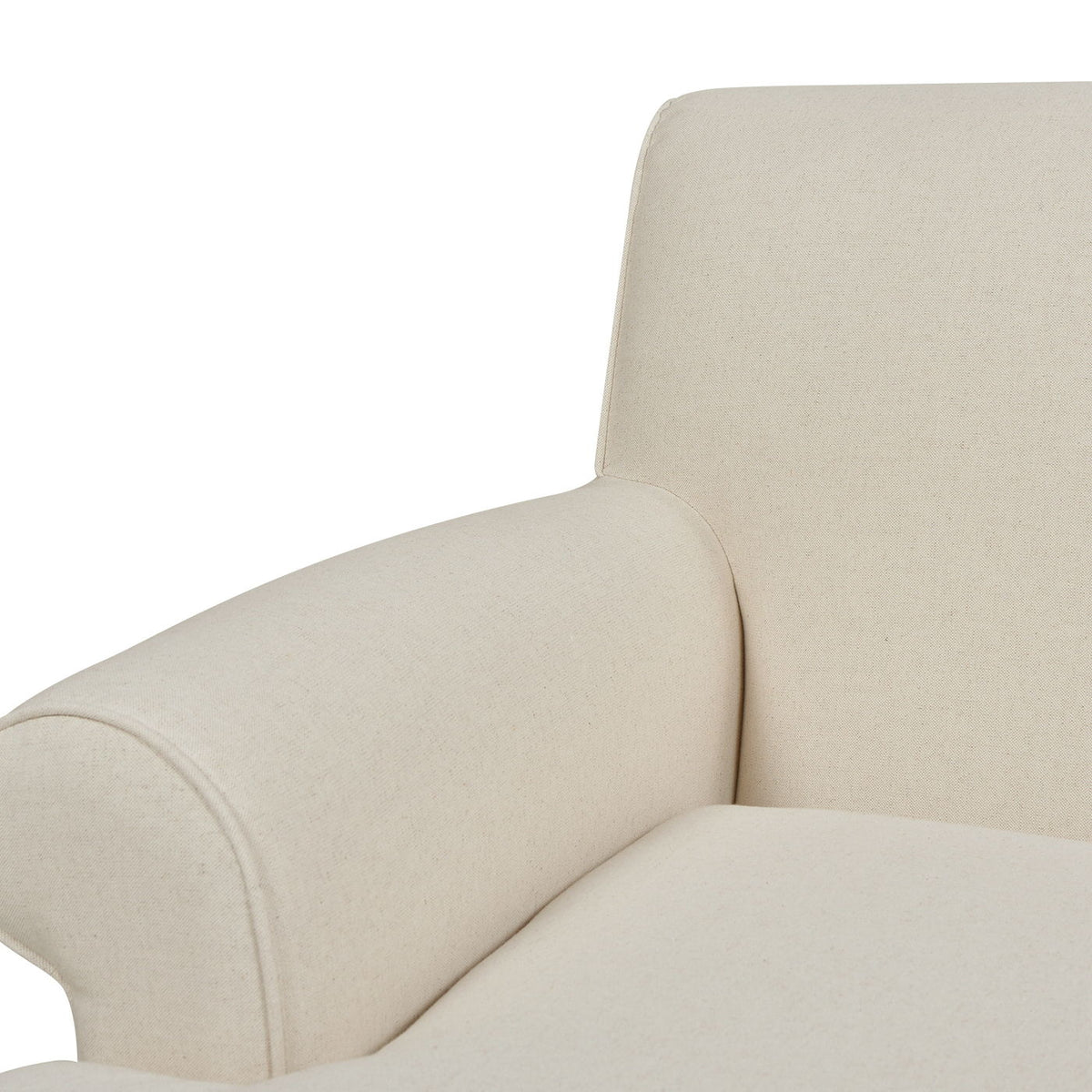 Accent Arm Chair beige fabric with curved arm close-up view on Tampa Home & Garden Store