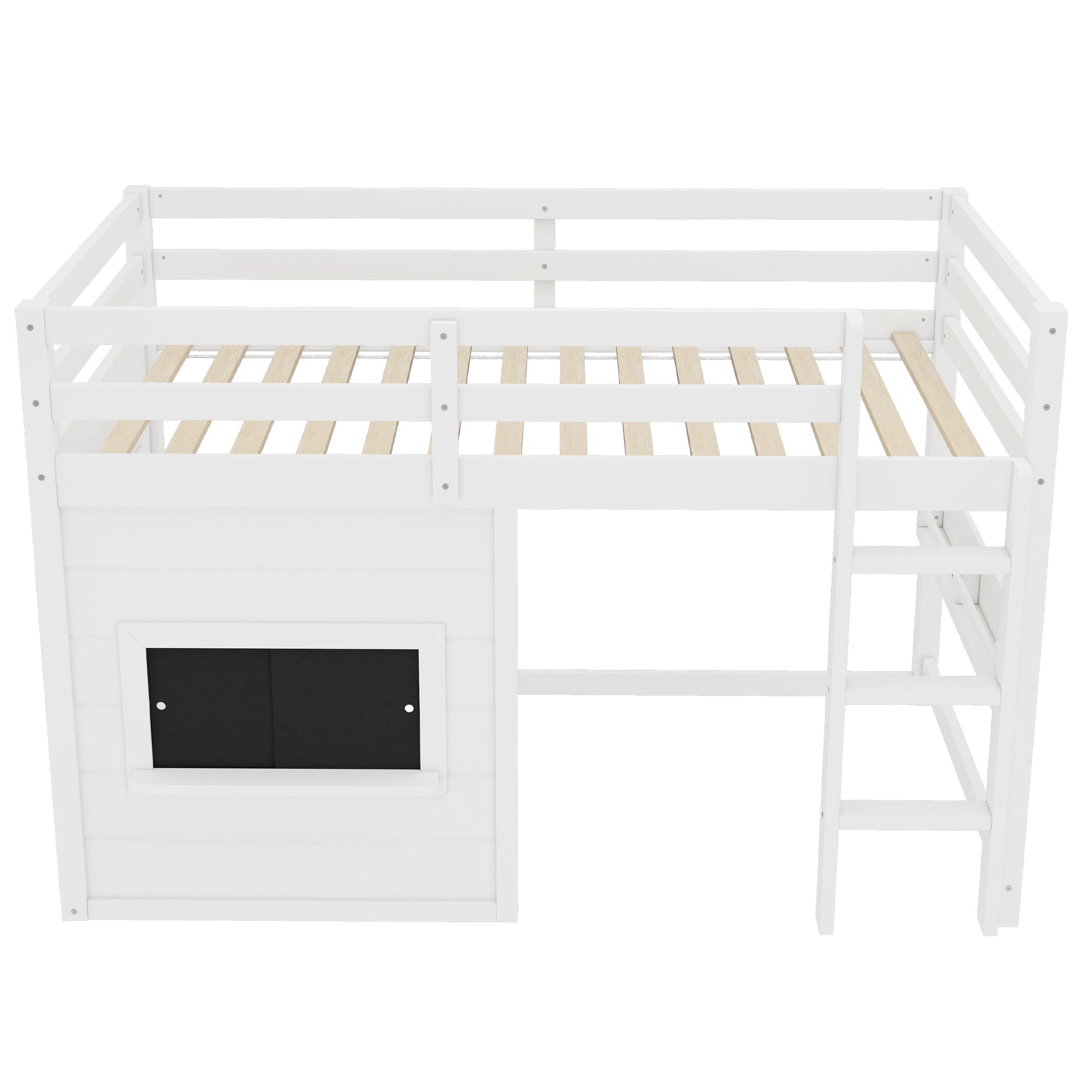 Twin size loft bed frame in white with sliding chalkboard and bookshelf by HouseOfZazla on Tampa Home & Garden Store