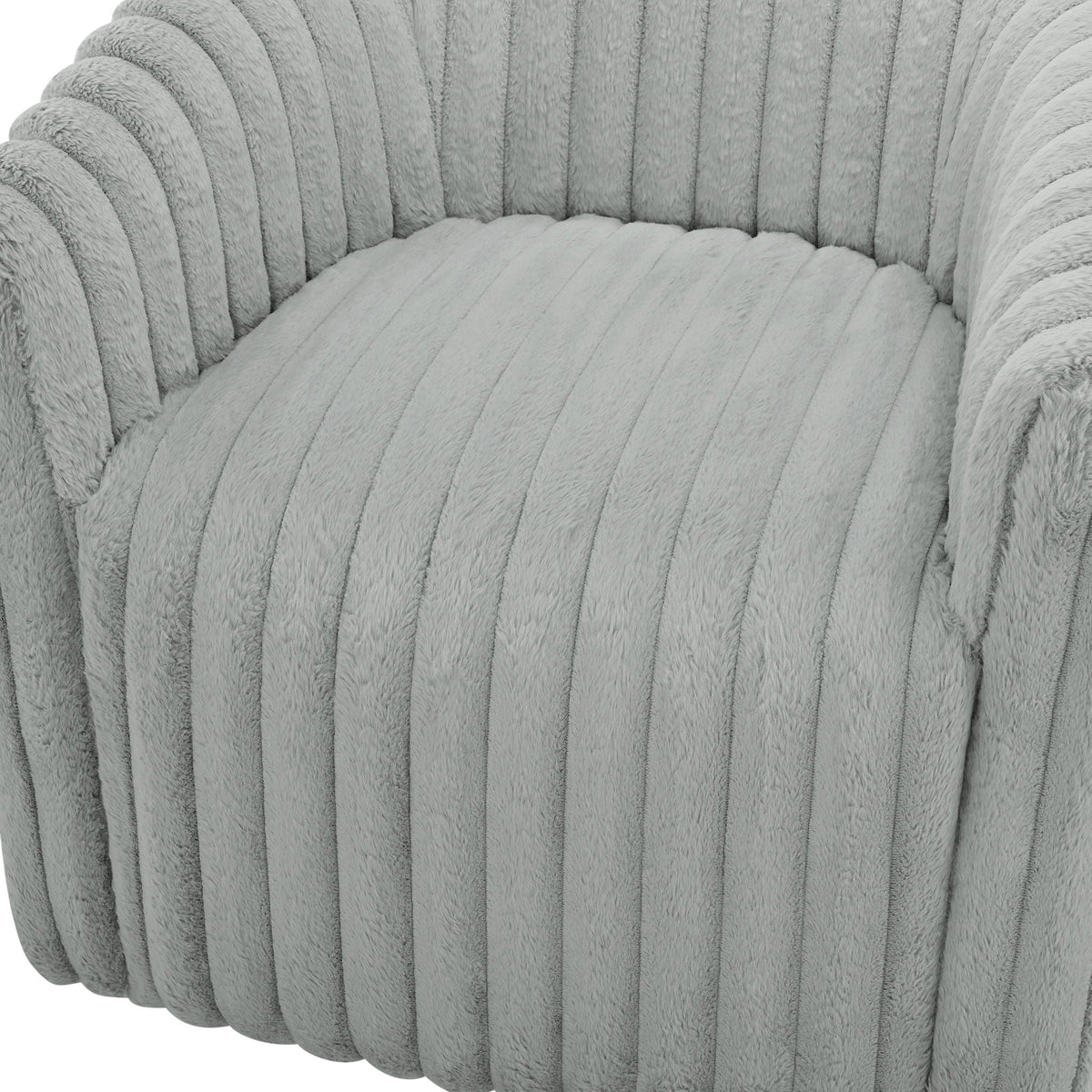 Gray barrel swivel chair plush cord fabric upholstery close-up no assembly on Tampa Home & Garden Store